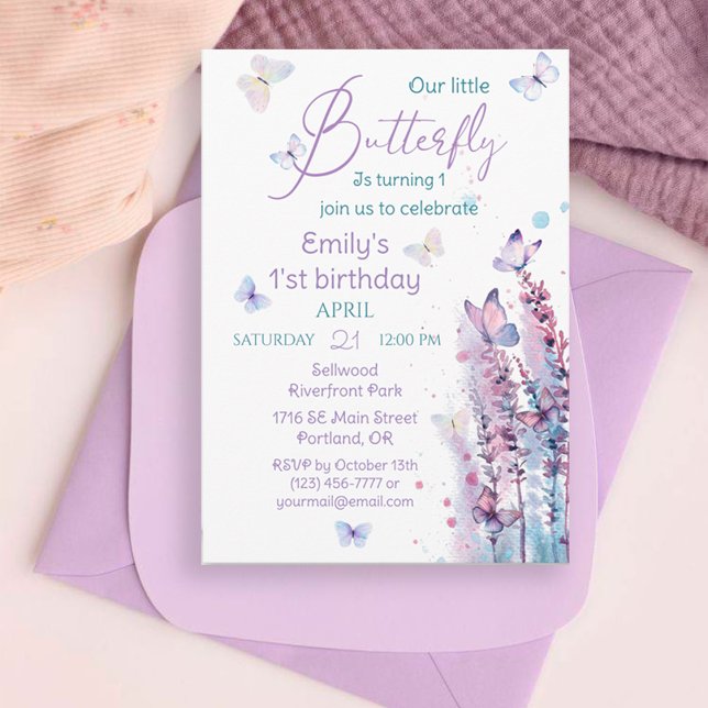 Pink purple blue flower butterfly birthday invitation (Creator Uploaded)