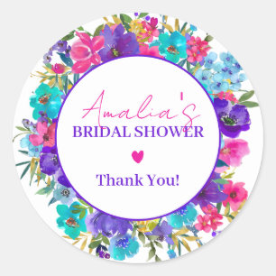 Pink Purple Blue Flower Thank You Bridal Shower Classic Round Sticker