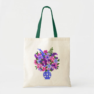 Pink, Purple, Blue Flowers in Vase with Hearts Tote Bag