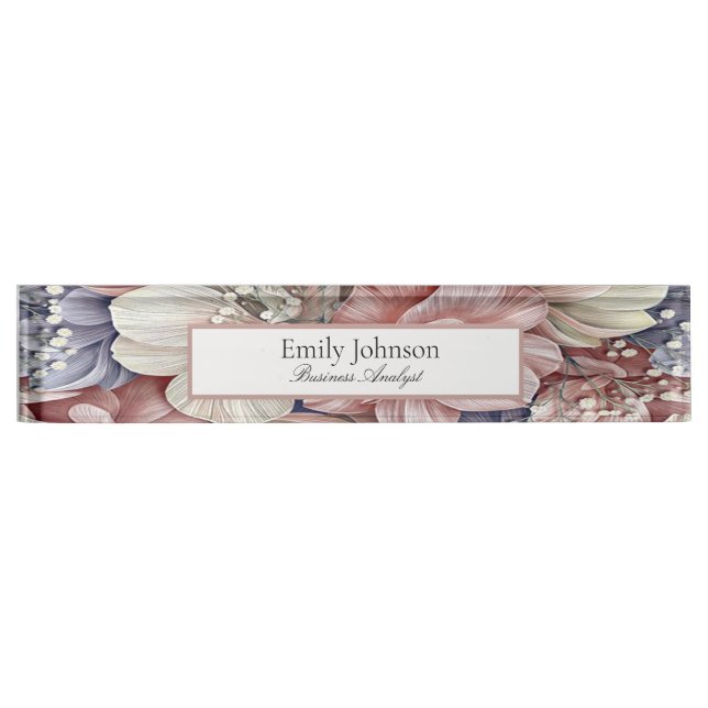 pink purple blue flowers leaves theme desk name plate (Front)