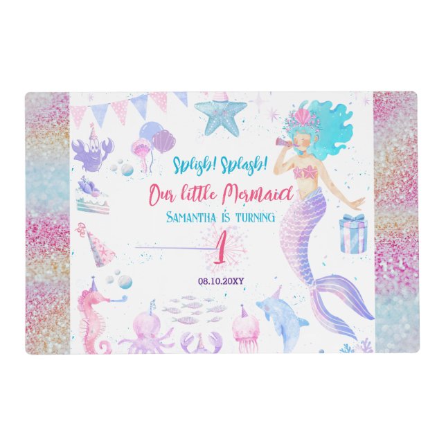 Pink Purple Blue Girl Mermaid 1st Birthday Party Placemat (Front)