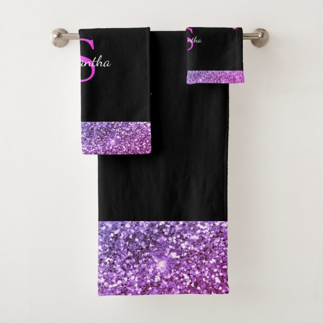 Pink Purple Blue Glitter Drips Black Monogram Name Bath Towel Set (Insitu)