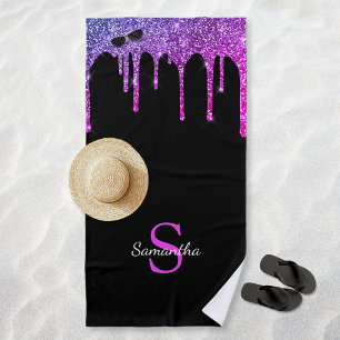 Pink Purple Blue Glitter Drips Black Monogram Name Beach Towel