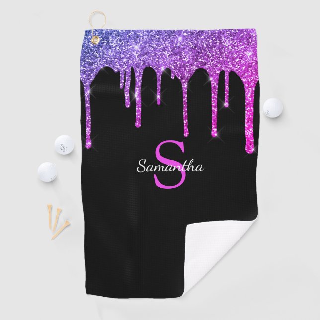 Pink Purple Blue Glitter Drips Monogram Name Golf Towel (InSitu)