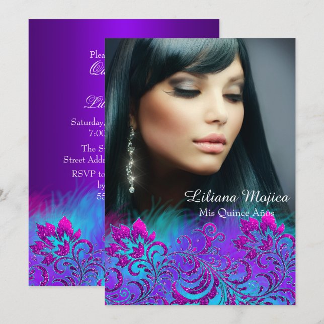 Pink Purple Blue Glitter Floral Quinceanera Invite (Front/Back)