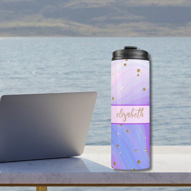 Pink Purple Blue Gold Glitter Monogram  Thermal Tumbler (Monogrammed pink purple blue gold glitter thermal tumbler. Gift for her)