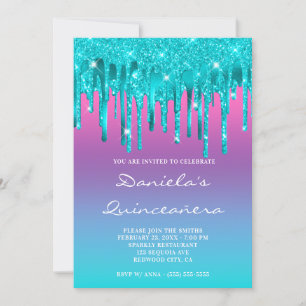 Pink Purple Blue Gradient Teal Drip Quinceañera Invitation