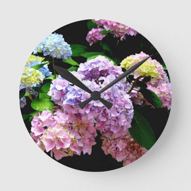 Pink purple blue green floral hydrangea garden round clock (Front)