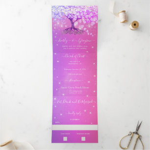 Pink Purple Blue Heart Leaf Tree Wedding Tri-Fold Invitation