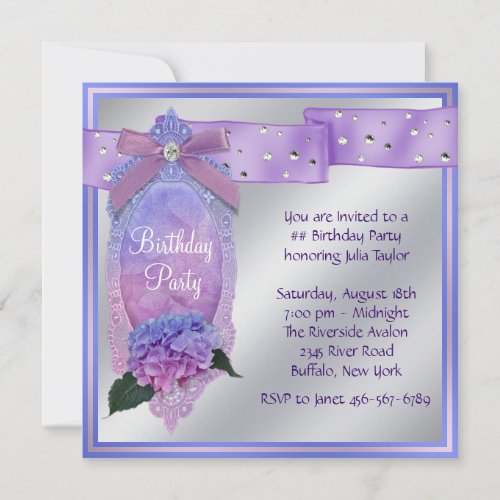 Pink Purple Blue Hydrangea Birthday Party Invitation