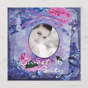 Pink Purple Blue Hydrangea Photo Sweet 16 Party Invitation