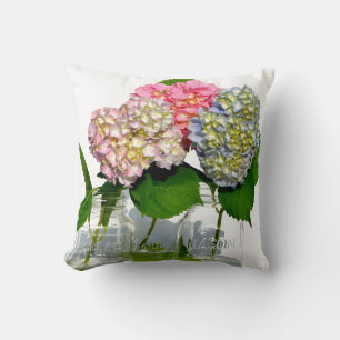 Pink purple blue Hydrangeas and Mason jar Throw Pillow