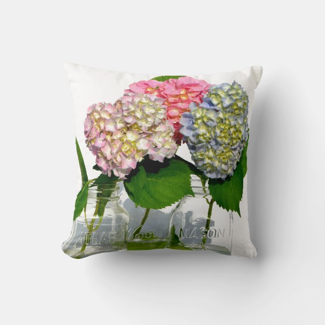 Pink purple blue Hydrangeas and Mason jar  Throw Pillow (Front)