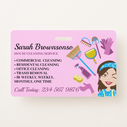 Pink Purple Blue Janitorial Cartoon House Cleaning Badge