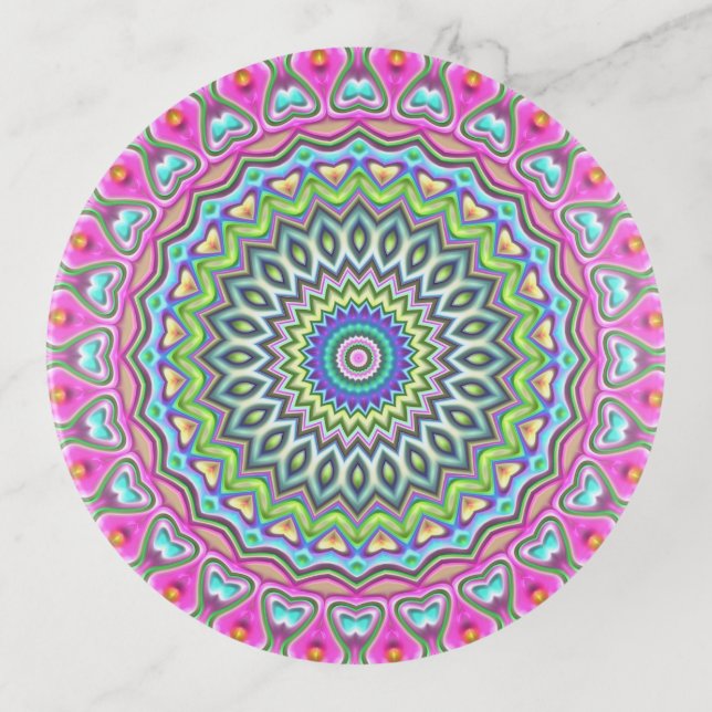 Pink Purple Blue Lime Green Mandala Star Pattern Trinket Tray (Front)