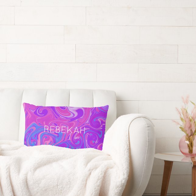 Pink Purple Blue Marble Paint Swirl Art NAME Fun  Lumbar Pillow (Couch)