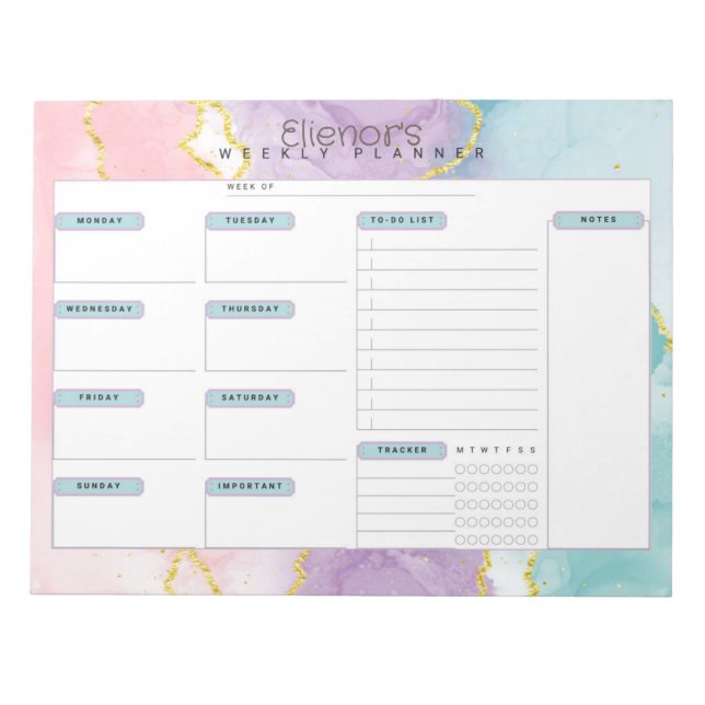 Pink Purple Blue Marble Personalize Weekly Planner Notepad (Front)