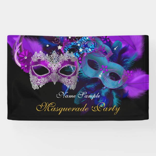 Pink Purple Blue Masks Masquerade Party Banner (Horizontal)