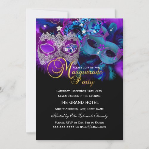 Pink Purple  Blue Masks Masquerade Party Invite