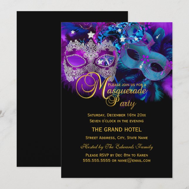 Pink Purple & Blue Masks Masquerade Party Invite (Front/Back)