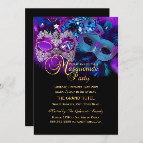 Pink Purple  Blue Masks Masquerade Party Invite
