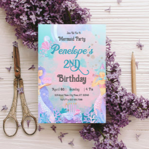 Pink purple blue mermaid themed Birthday Party Invitation