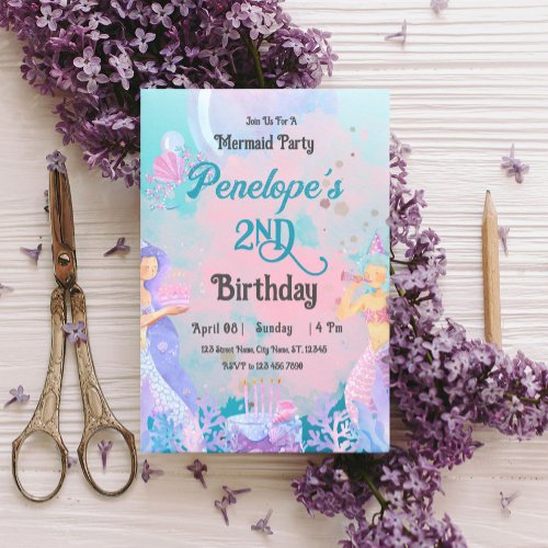  Pink purple blue mermaid themed Birthday Party Invitation