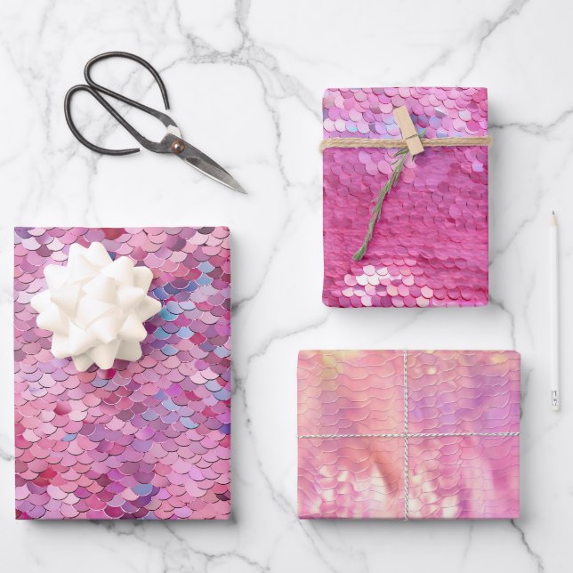 Pink Purple Blue Mermaid Wrapping Paper Sheets (Front)