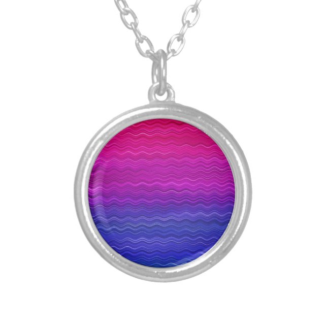 Pink Purple Blue Ombre Wave Pattern Silver Plated Necklace (Front)