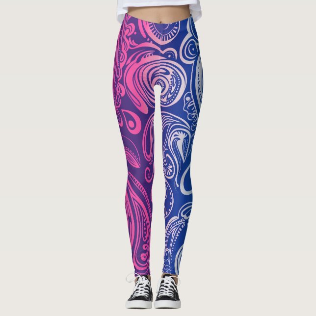 Pink Purple Blue Paisley Pattern Yoga Leggings (Front)