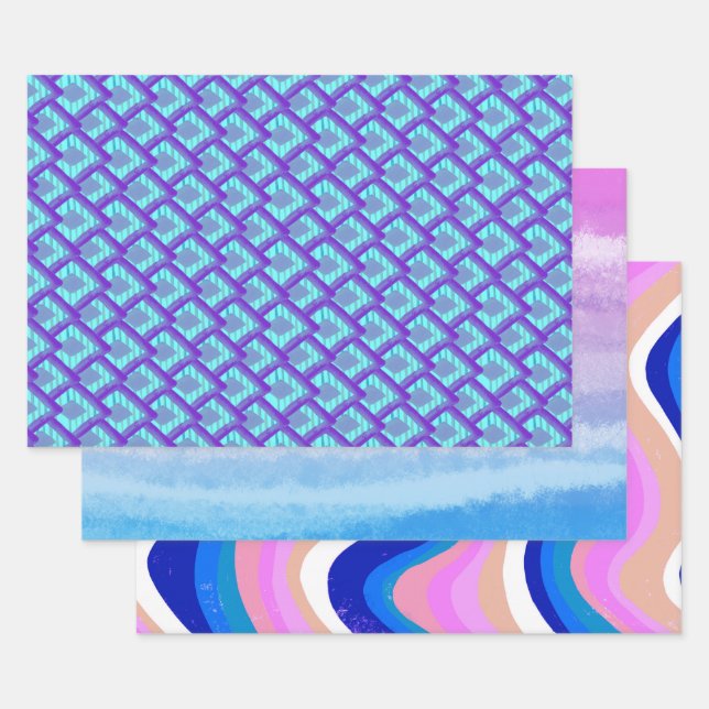 Pink Purple Blue Patterns Variety Pack Wrapping Paper Sheets (Set)