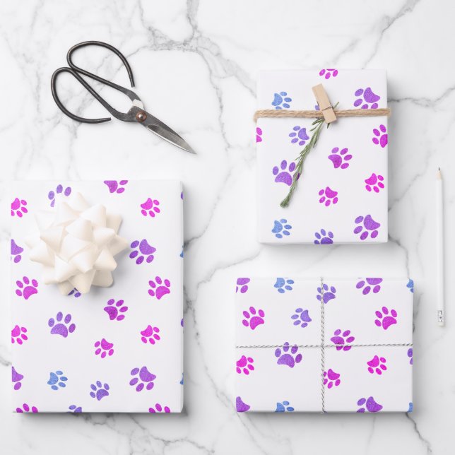 Pink Purple Blue Paw Prints Pattern Wrapping Paper Sheets (Front)