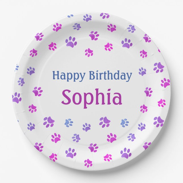 Pink Purple Blue Paw Prints Pet Birthday Party Paper Plates (Front)