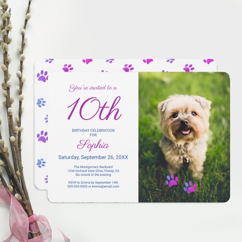 Pink Purple Blue Paw Prints Pet Photo Birthday Invitation