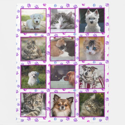 Pink Purple Blue Paw Prints Pet Photo Collage Fleece Blanket