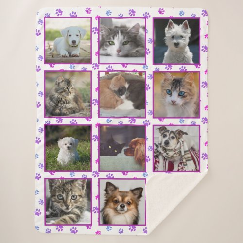 Pink Purple Blue Paw Prints Pet Photo Collage Sherpa Blanket