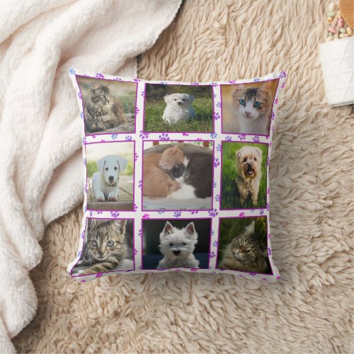 Pink Purple Blue Paw Prints Pet Photo Collage Throw Pillow