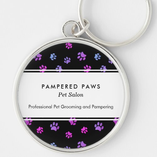 Pink Purple Blue Paw Prints Professional Pet Salon Keychain