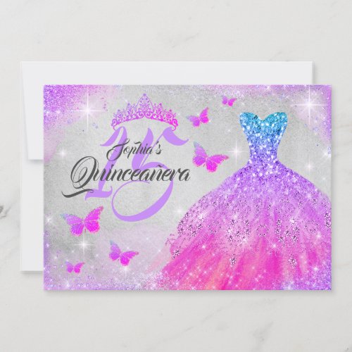 Pink Purple Blue Sparkle Dress Quinceanera  Invitation