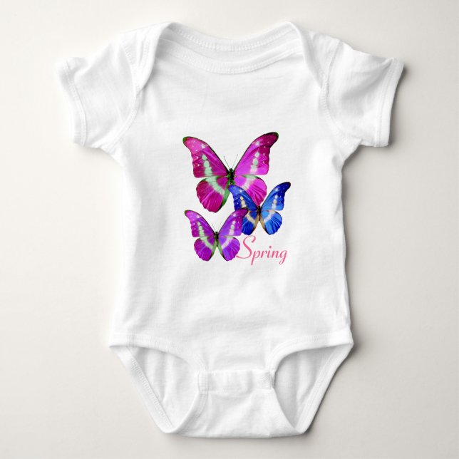 PINK PURPLE BLUE SPRING BUTTERFLIES BABY BODYSUIT (Front)