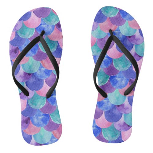 Pink Purple Blue Teal Watercolor Mermaid Scales Flip Flops