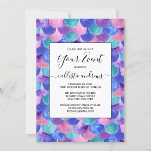 Pink Purple Blue Teal Watercolor Mermaid Scales Invitation