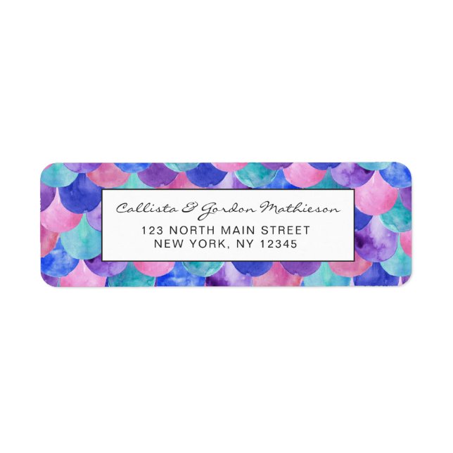 Pink Purple Blue Teal Watercolor Mermaid Scales Label (Front)