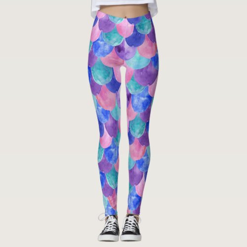 Pink Purple Blue Teal Watercolor Mermaid Scales Leggings