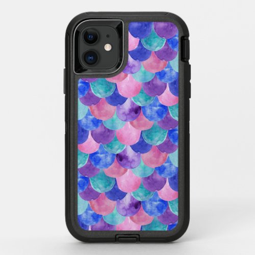 Pink Purple Blue Teal Watercolor Mermaid Scales OtterBox Defender iPhone 11 Case