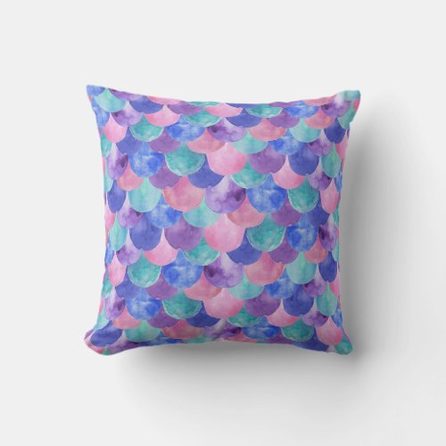 Pink Purple Blue Teal Watercolor Mermaid Scales Outdoor Pillow
