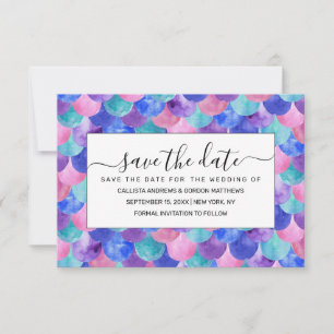 Pink Purple Blue Teal Watercolor Mermaid Scales Save The Date