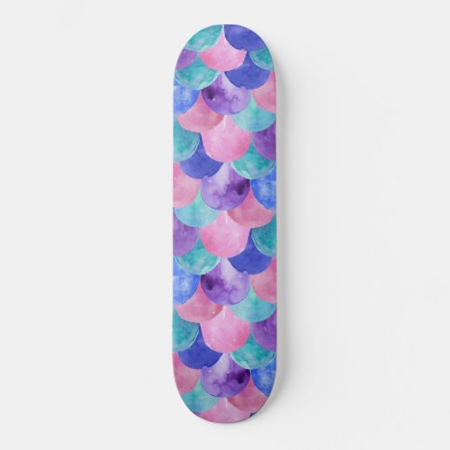 Pink Purple Blue Teal Watercolor Mermaid Scales Skateboard