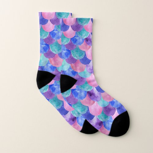 Pink Purple Blue Teal Watercolor Mermaid Scales Socks