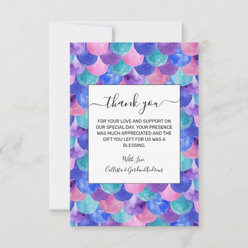 Pink Purple Blue Teal Watercolor Mermaid Scales Thank You Card